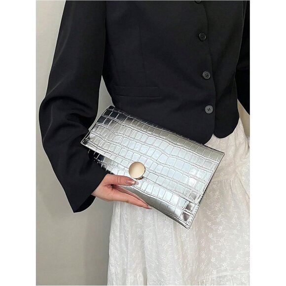 Women's Silver Metallic Crocodile Style Envelope Clutch Bag, Evening Formal Wedd - Picture 6 of 7